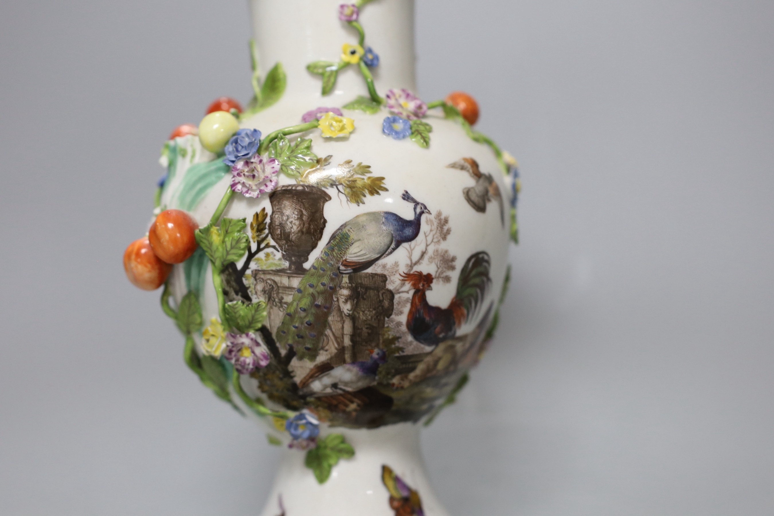 A 19th century Meissen floral encrusted vase decorated with birds and insects, 22cm